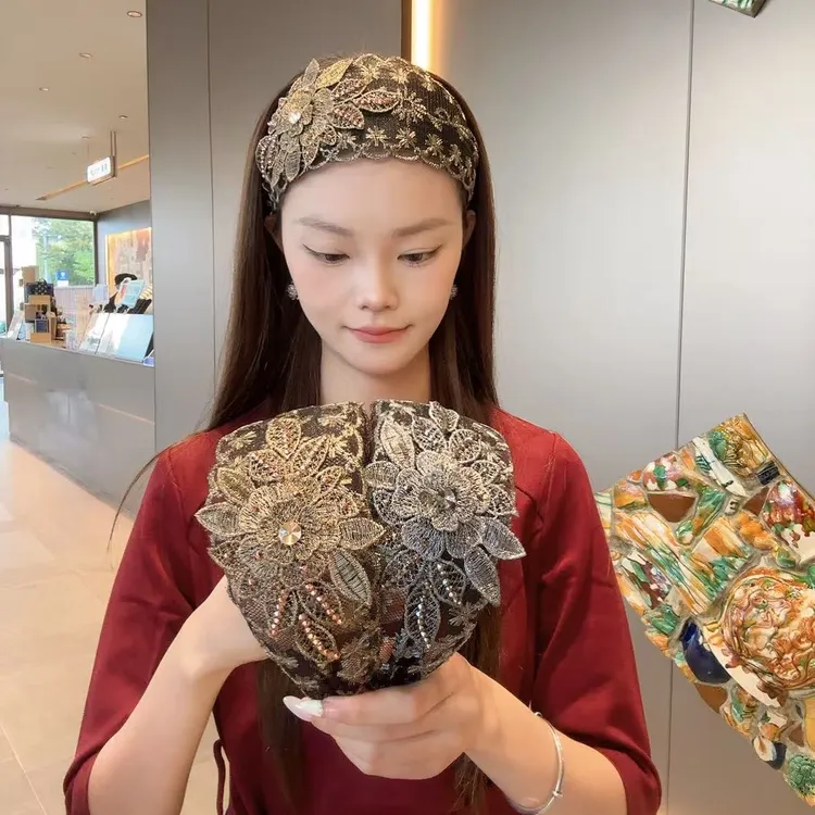网纱刺绣宽边发箍带齿防滑遮白发头箍气质白搭蕾丝花朵遮白发神器