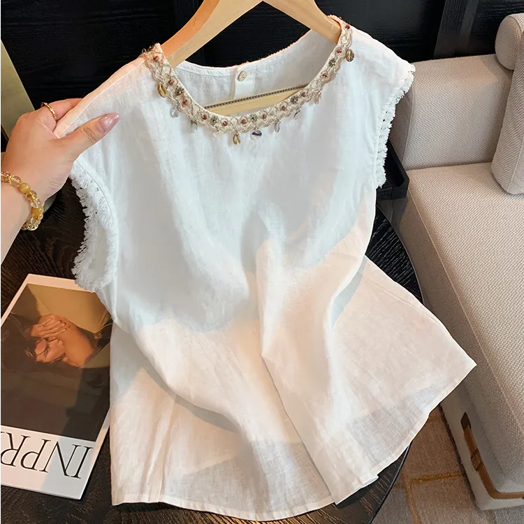 夏季新款白色贝壳钉珠气质无袖上衣女法式气质流苏度假风外穿背心