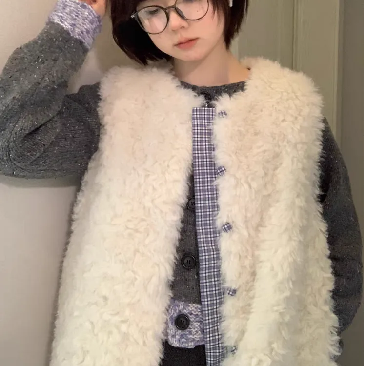 设计感无袖背心马甲女秋冬新款韩系穿搭小个子格纹拼接白色短外套