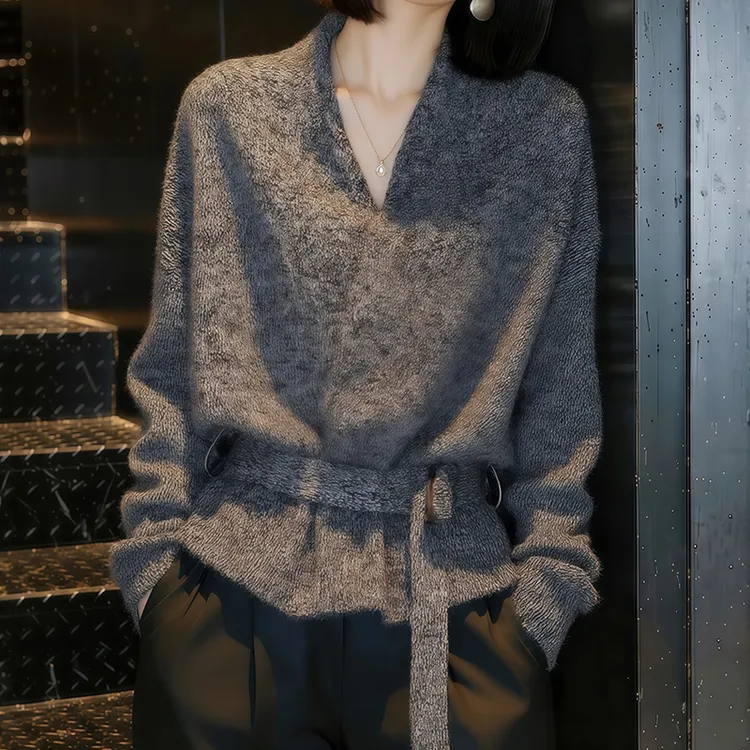 黑色V领针织开衫女秋冬慵懒高级感洋气减龄系带收腰毛衣外套上衣