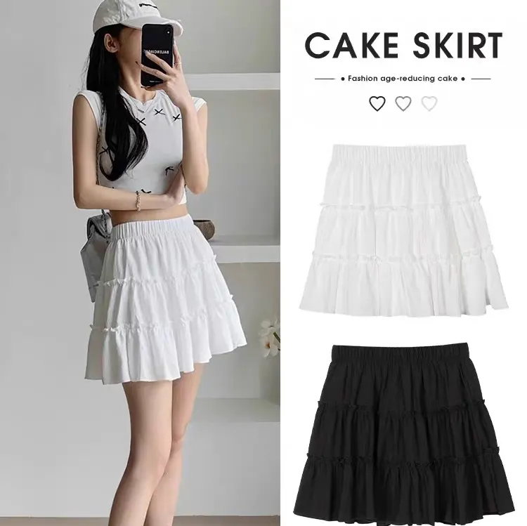 拼接三层白色短裙女夏季蛋糕裙时尚高腰遮肉显瘦半身白色裙子短裙