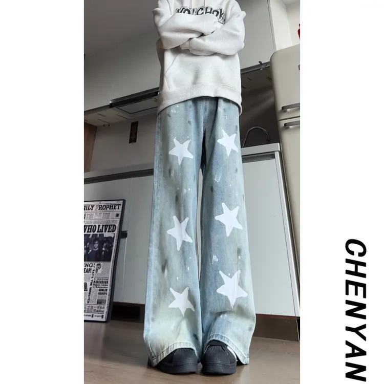 美式cleanfit牛仔裤男款星星印花ins潮牌显瘦裤子水洗直筒微喇裤