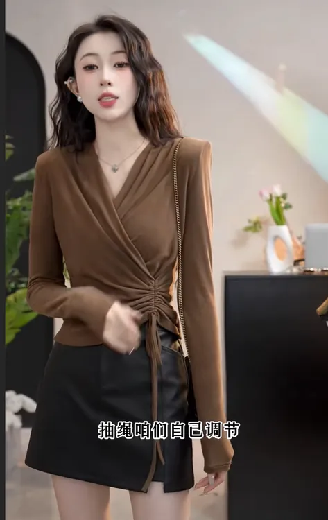 2025秋冬季女装韩系抽绳穿搭内搭长袖T恤修身显瘦上衣打底衫