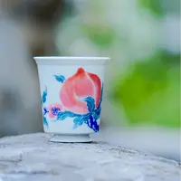 【YCJ】延寿杯 青花矾红陶瓷主人杯