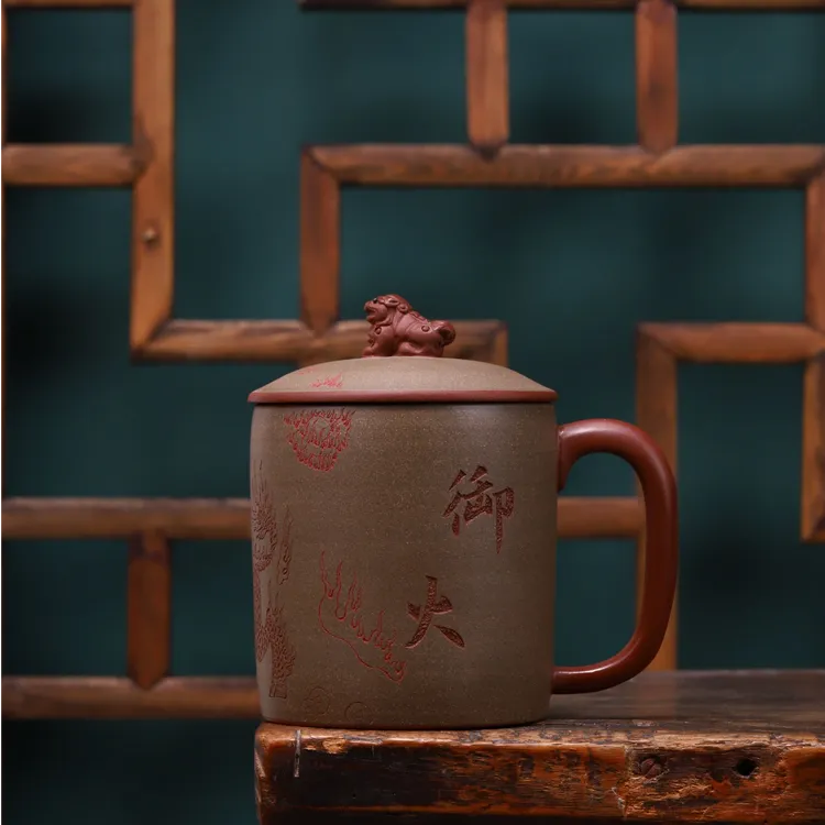 宜兴紫砂|原矿全手工御火麒麟盖杯紫砂杯办公杯