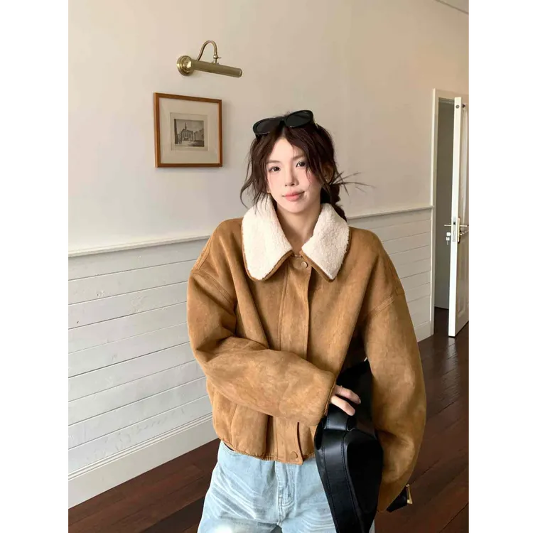 秋冬新款简约韩系翻领时尚美拉德毛绒外套B2056