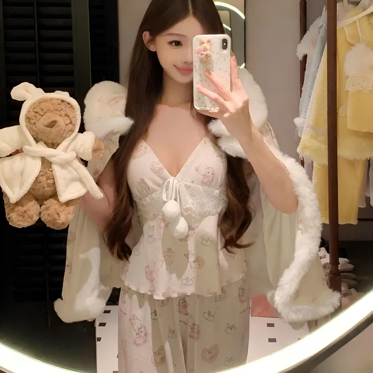 2025新款带胸垫纯欲风睡衣女秋冬三件套海岛绒可爱兔子甜美家居服