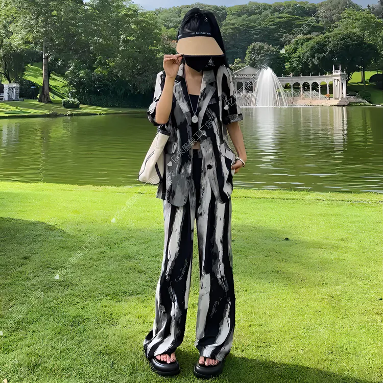 （亿米.定制）夏款新款水墨国风透气轻薄时尚休闲套装