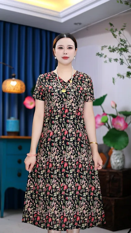 [红碧玉]中老年女装薄款妈妈夏装中长款大码短袖连衣裙夏季