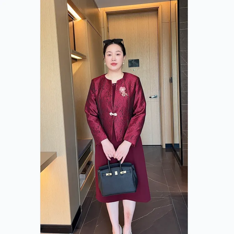 新中式国风旗袍套装裙喜婆婆婚宴装婚礼妈妈礼服两件套连衣裙秋冬