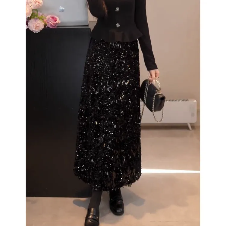 YUANLIANSU/圆脸酥【黑金派对】洋气高级感高腰亮片半身裙女装秋季
