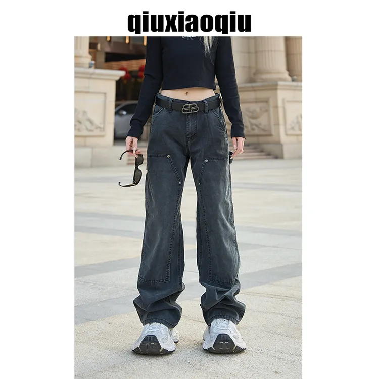 【Qiuxiaoqiu】CH十字架重工水洗做旧宽松直筒伐木工装牛仔裤男潮