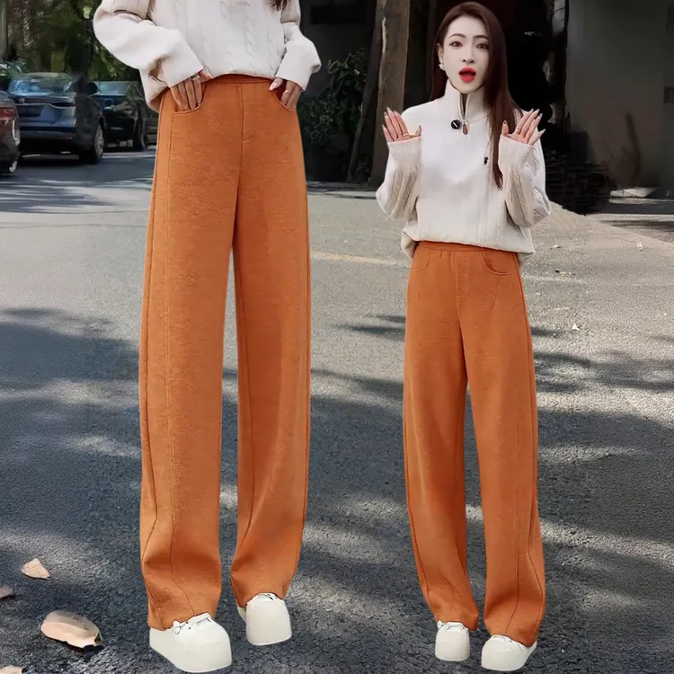 南瓜色弯刀羊毛裤女秋冬2025新款高腰显瘦垂感大码梨形身材直筒裤
