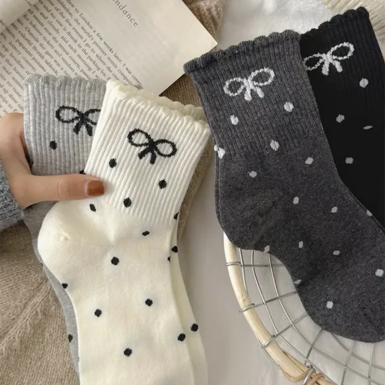 【4双福利】波点蝴蝶结秋冬新款miu系堆堆袜长筒袜日系花边中筒袜