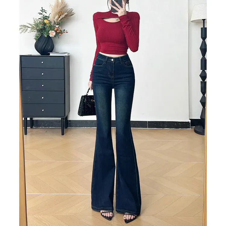 乔栈复古修身微喇牛仔裤女2025年秋冬新款辣妹设计感显高百搭喇叭