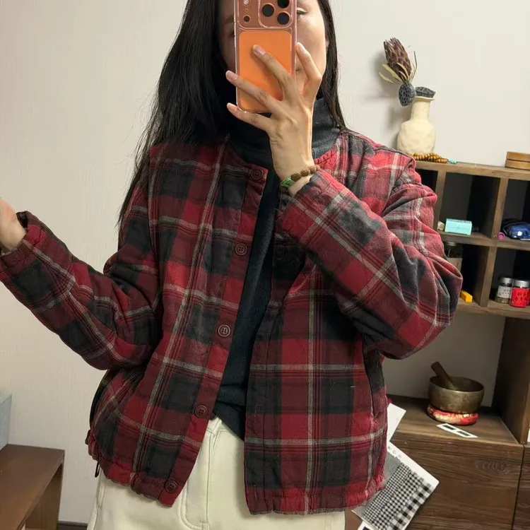 9687-水洗夹棉格子外套保暖圆领棉衣棉服春秋时尚常规款