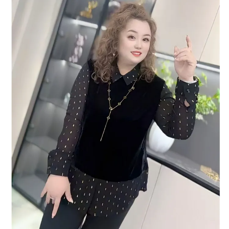 8898（丹姐家）秋季新款丝绒拼接雪纺袖衬衫上衣修身显瘦假两件