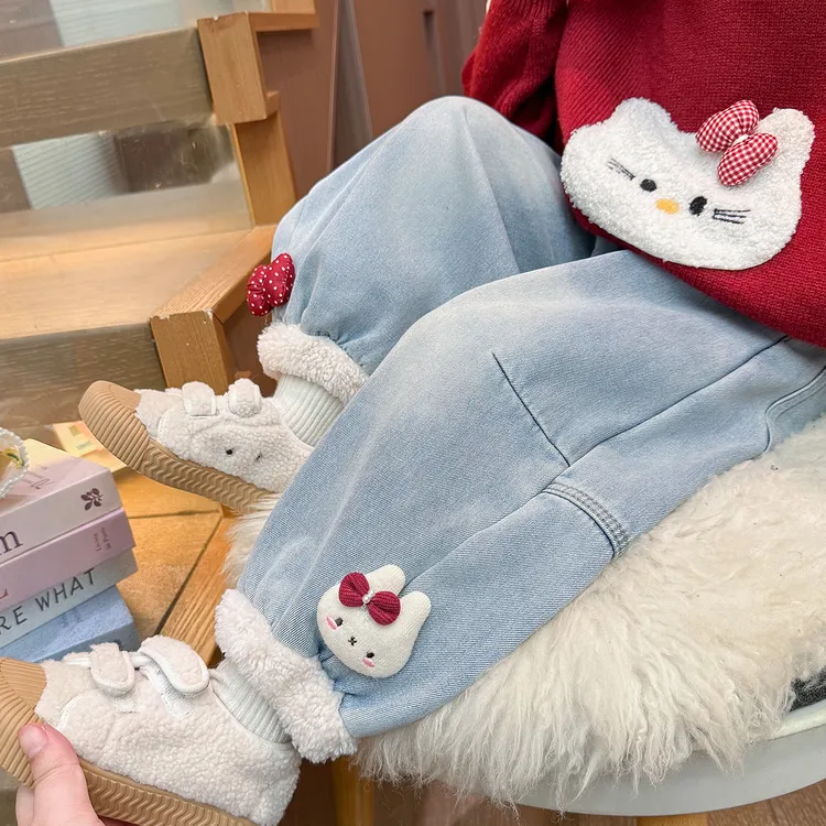 女童一体绒牛仔裤秋冬季2025新款洋气儿童加厚保暖冬装束脚裤子潮