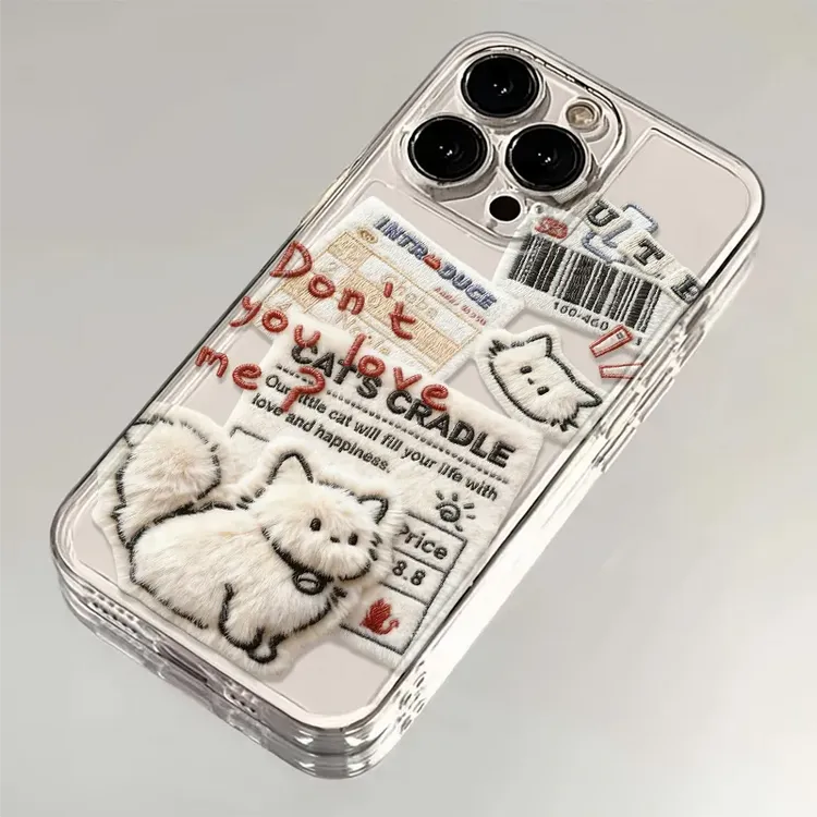 标签毛绒小猫适用iPhone17手机壳华为荣耀透明VIVO防摔OPPO小米17