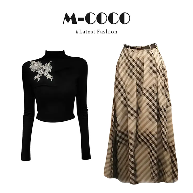 MARIE.COCO新中式氛围感蝴蝶结刺绣长袖T恤秋季格子半身裙两件套