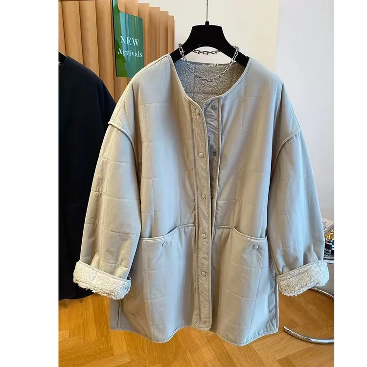 高级感内里羊羔毛棉服女中长款2025新款冬季宽松百搭保暖夹棉外套