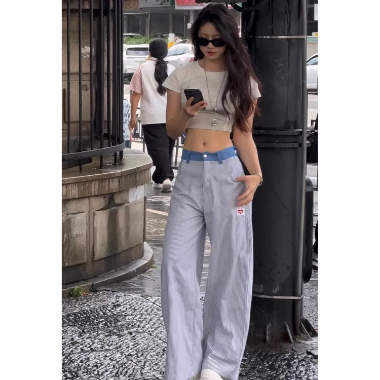 美式休闲夏季薄款显瘦时尚男女情侣爱心刺绣宽松复古条纹休闲裤潮