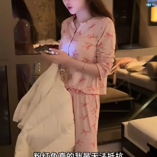 SIEOYJIEA/私迹大榕家【粉色蝶海长袖】女款时尚高定睡衣气质显瘦