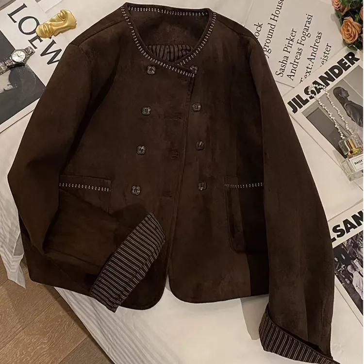 美拉德棕色麂皮绒外套女2025新款秋季复古皮衣气质小众流行皮夹克