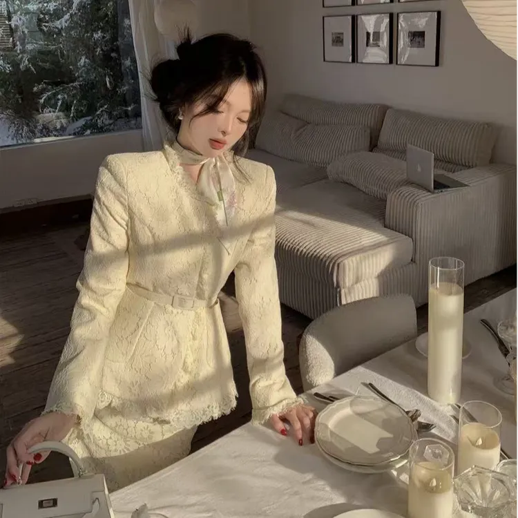 新款优雅复古法式气质花边蕾丝收腰套装外套配半身裙