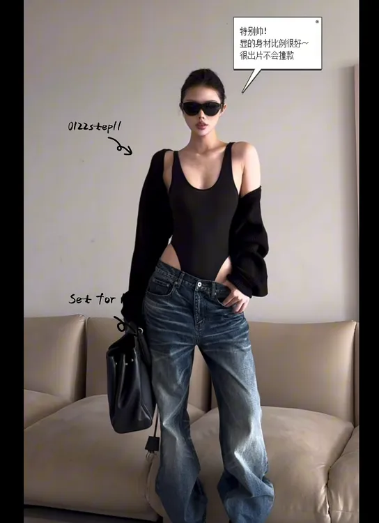 【辣感狙击】2025早秋新款吊带连体衣套装女高级感牛仔裤开衫三件套