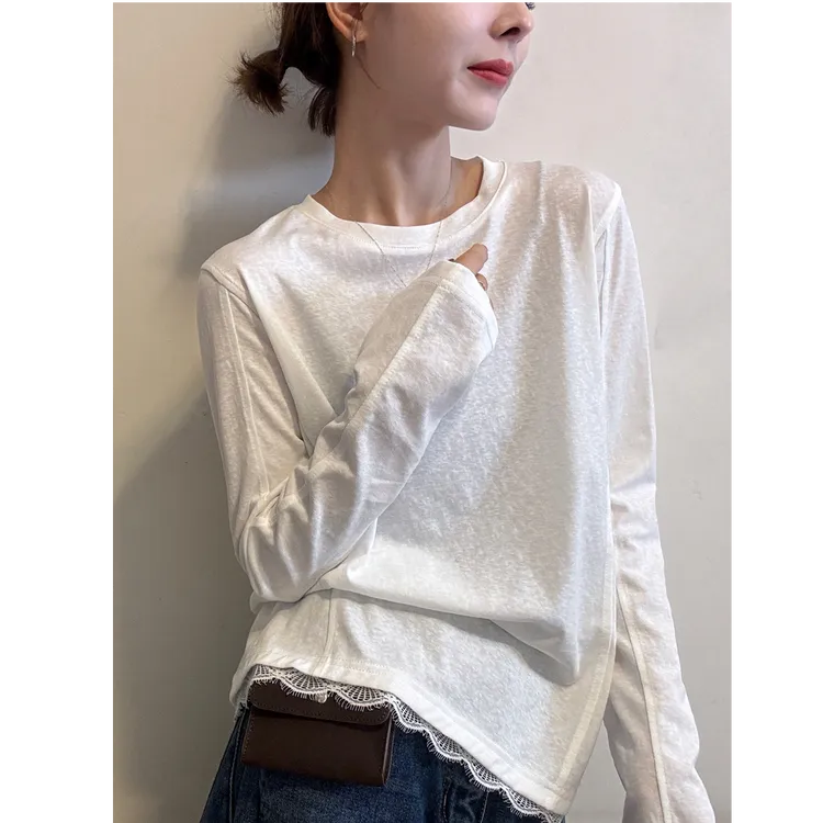 欧货蕾丝拼接雪花棉长袖t恤女2025春秋新款简约内搭打底衫上衣潮