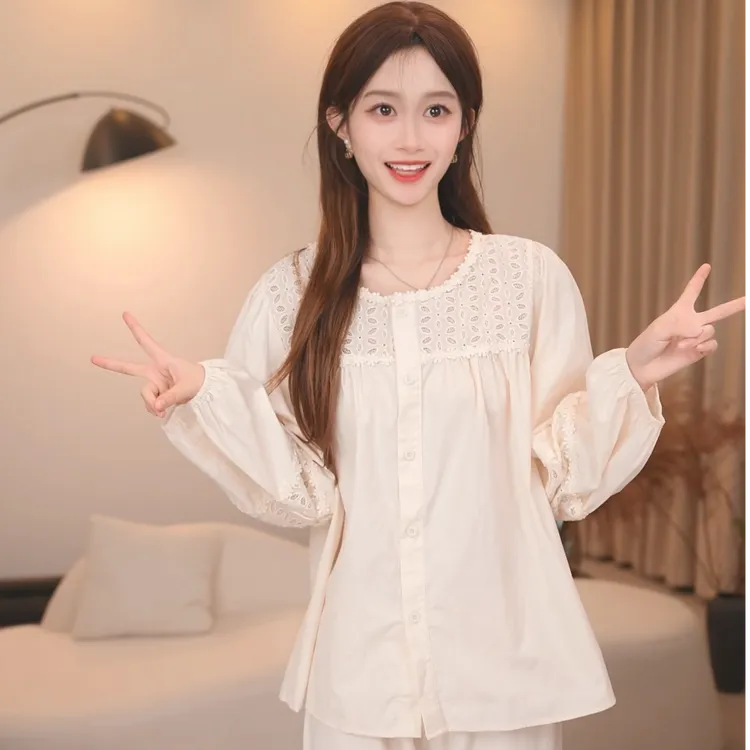 板栗小姐【宛若】2025春秋长袖甜美风全棉睡衣家居服套装可外穿