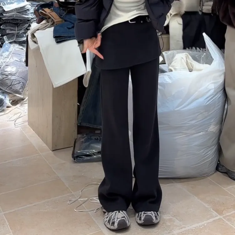 冬季加绒厚款百搭时尚设计感屁帘阔腿裤休闲裤裤加腰带LK2508485