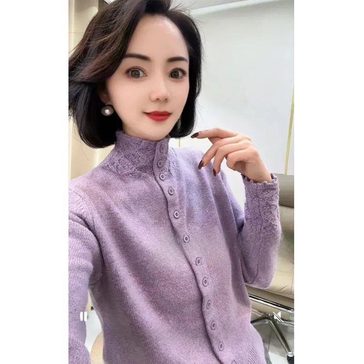 手工钩花领开衫细闪亮片时尚毛衣百搭气质毛衣针织开衫外套K2-10