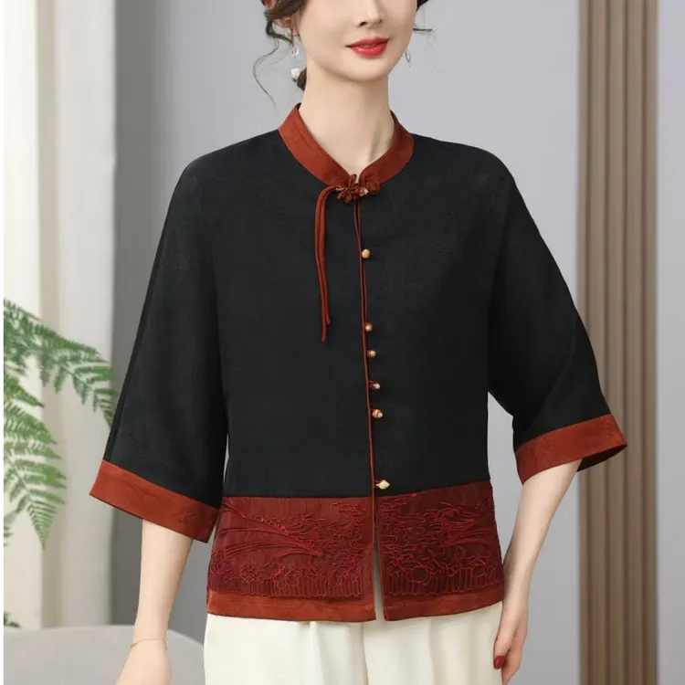 2025春夏新款国风中袖开衫复古气质妈妈装时尚上衣拼色流苏立领女