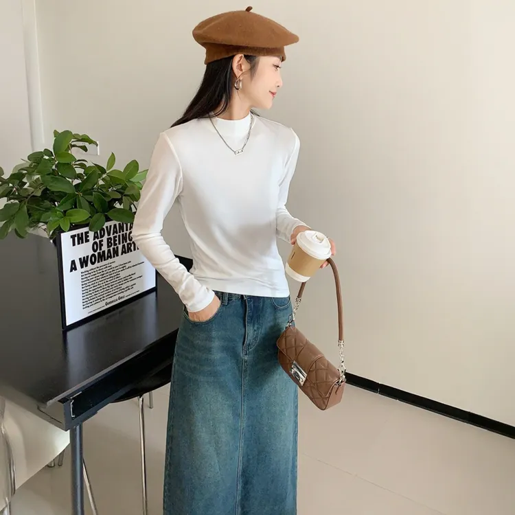 时尚春秋冬显瘦韩版半高领打底衫长袖t恤女士修身小立领纯色上衣