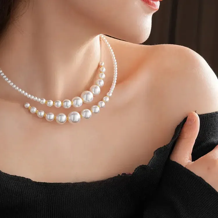 铜合金仿珍珠吊坠 高贵名媛气质时尚复古女人项链不规则交叉珍珠