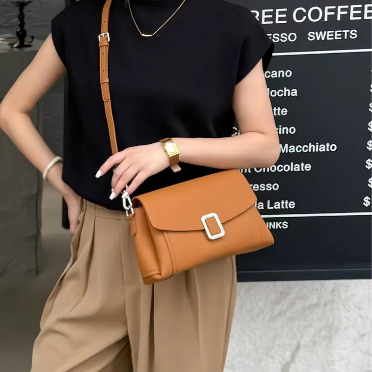 防刮百搭时尚小众单根斜挎包真皮优雅女士牛皮手提款黑色袋鼠轻奢