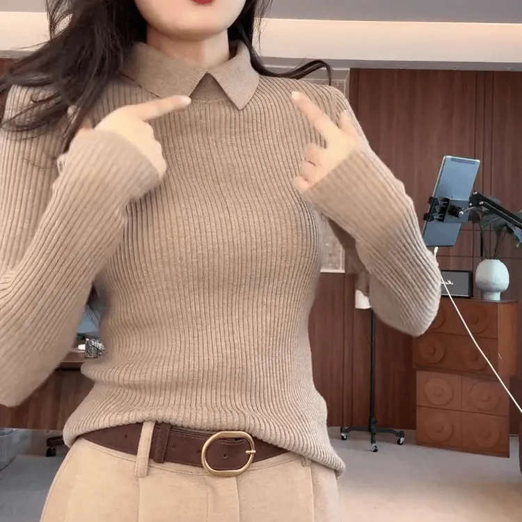 设计感翻领加厚长袖针织衫女2025冬季新款纯色休闲显瘦套头上衣