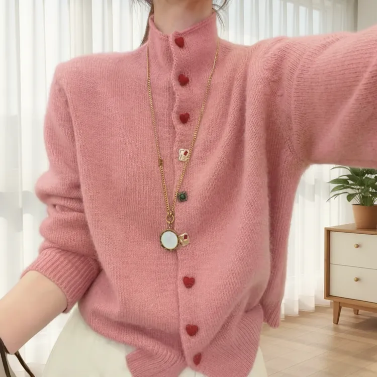 韩版彩色爱心扣半高领秋冬百搭宽松显瘦保暖简约纯色打底针织开衫