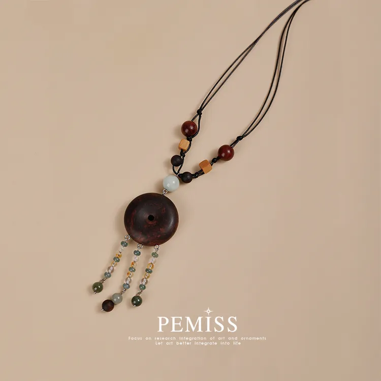 PEMISS 非金属棉绳项链 新中式降真香木质平安扣毛衣链吊坠项链