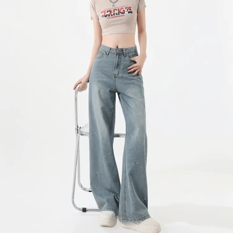 秋装女款爆款2025新款大码女款牛仔裤高腰宽松直筒mm显瘦遮肉阔腿