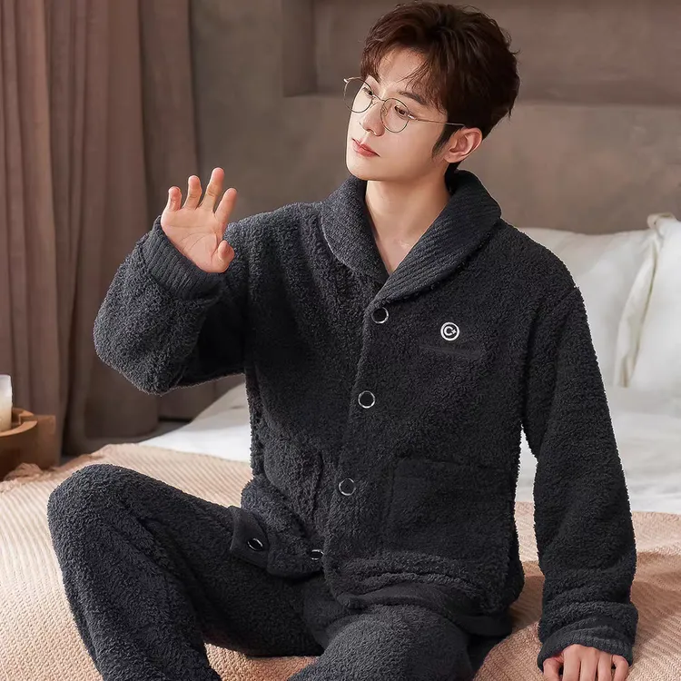 睡衣男秋冬加厚加绒法兰绒套装珊瑚绒家居服开衫拉链大码保暖冬装