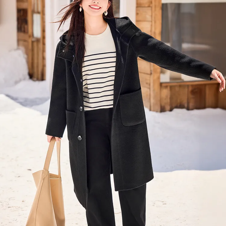 【高奢100绵羊毛】MsShe大码女装2025慵懒连帽双面呢大衣J~Q2510001