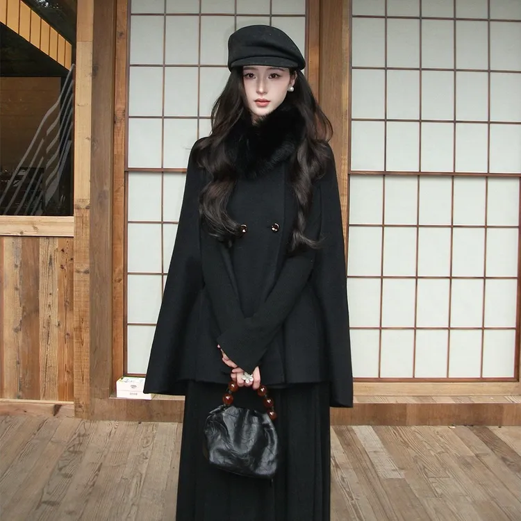 【财阀千金】双面呢斗篷毛呢外套女秋冬短款呢子大衣披肩开衫加厚