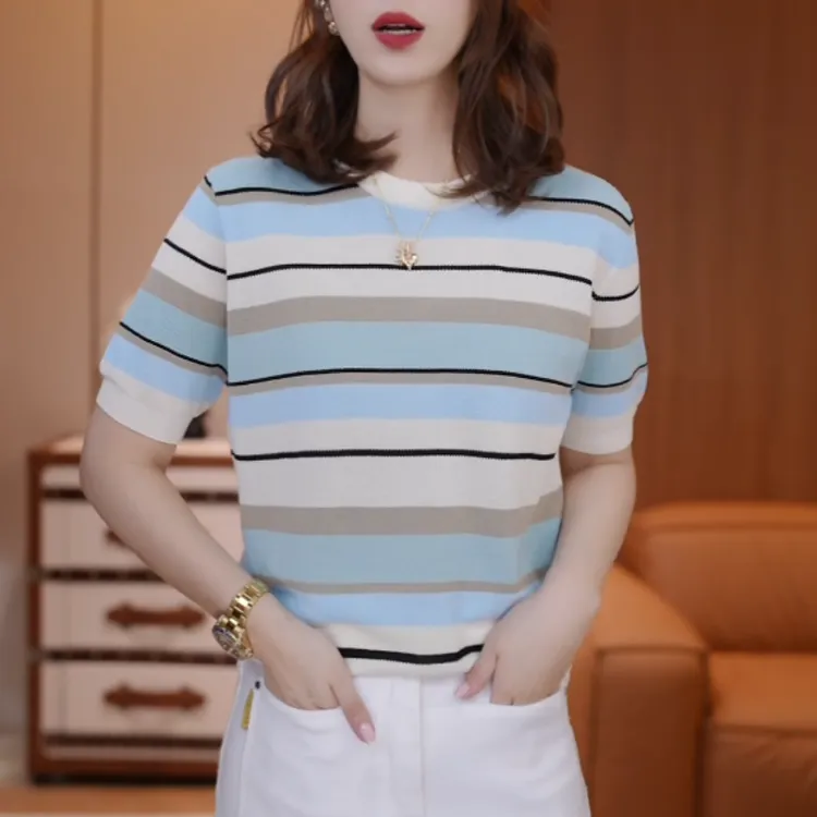 2025年春夏爆款洋气休闲遮肉上衣女高端条纹百搭通勤短袖针织衫