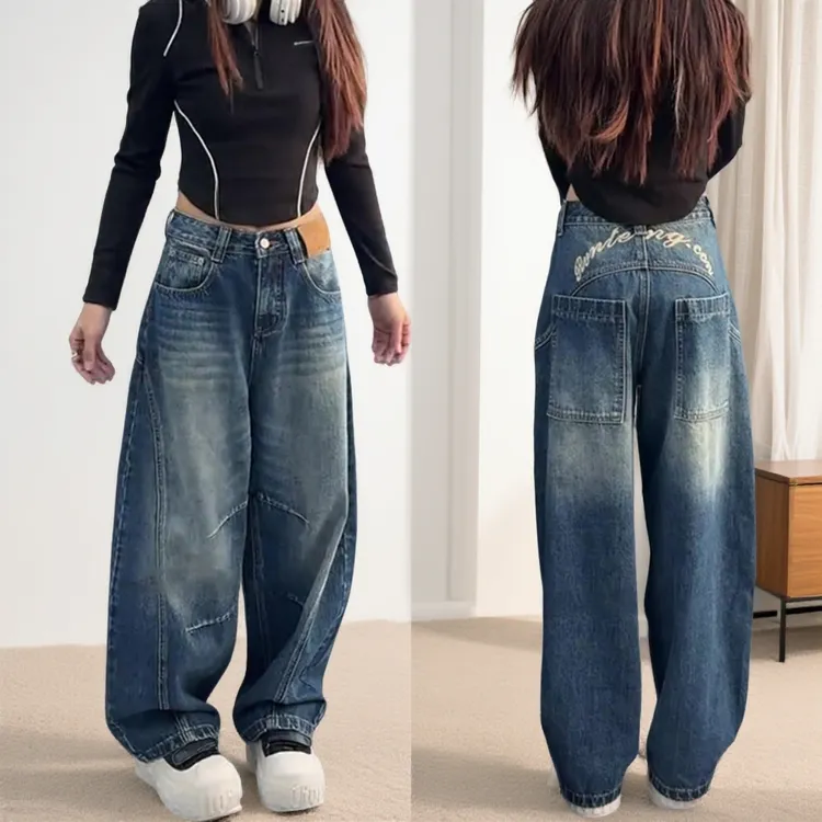 秋冬款美式加绒加厚水洗牛仔裤女时尚梨形身材高腰宽松显瘦阔腿裤