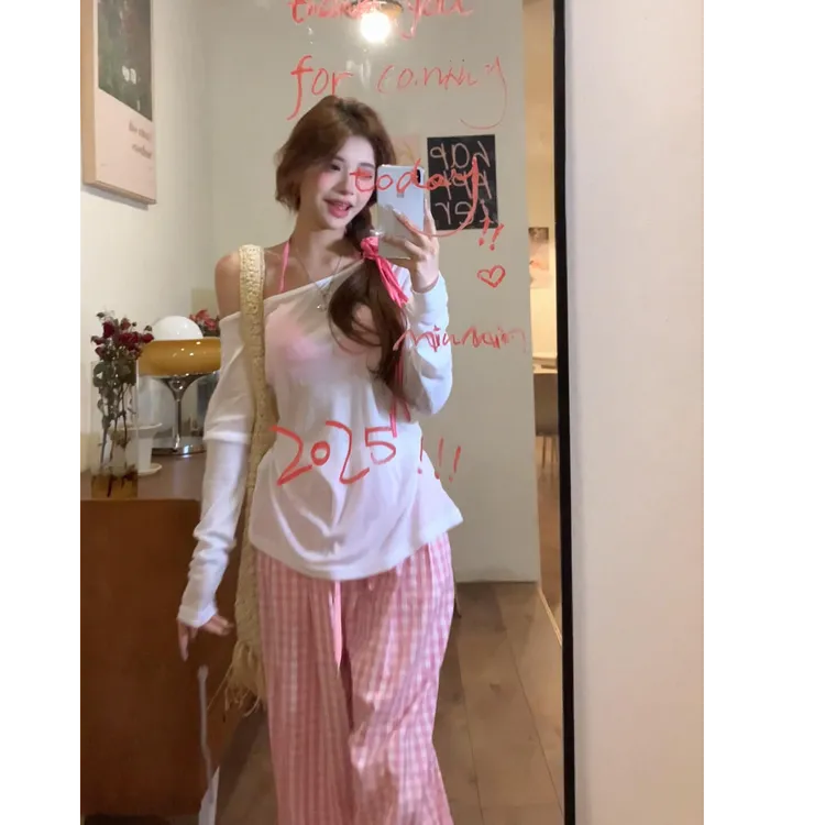 2025春季新款时尚辣妹防晒罩衫配吊带背心两件套格纹直筒长裤套装