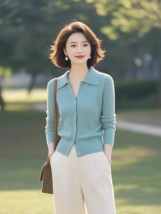 2025秋季设计感超好看蓝色翻领针织打底衫女独特别致通勤时尚套装