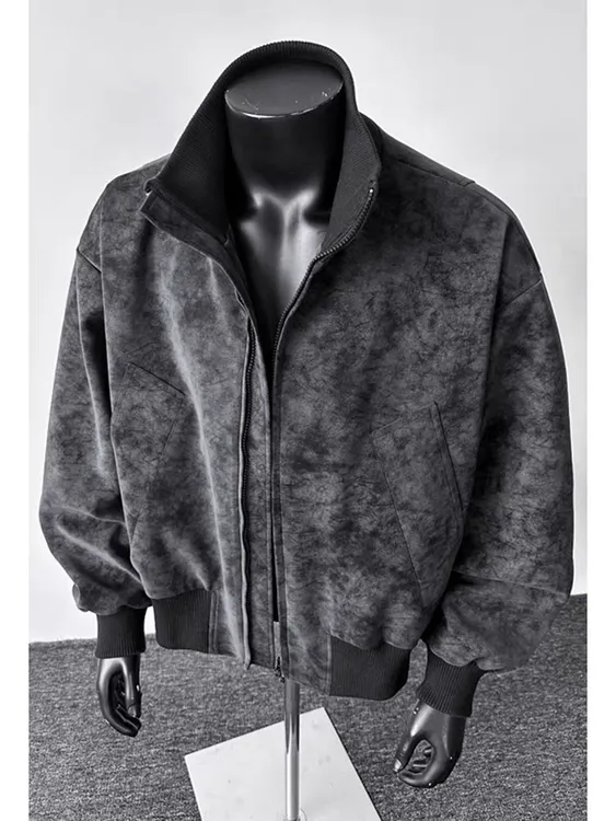 美式扎染机车皮衣夹克外套男秋冬季廓形正肩高级感短款立领棒球服